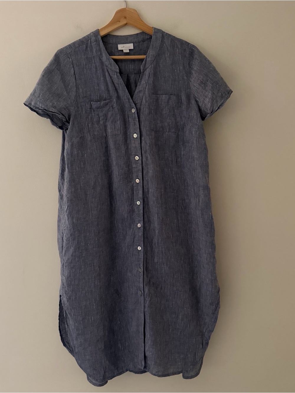 J Jill Live Linen Dress Midi Button Front Blue Short Sleeve Size Small Petite